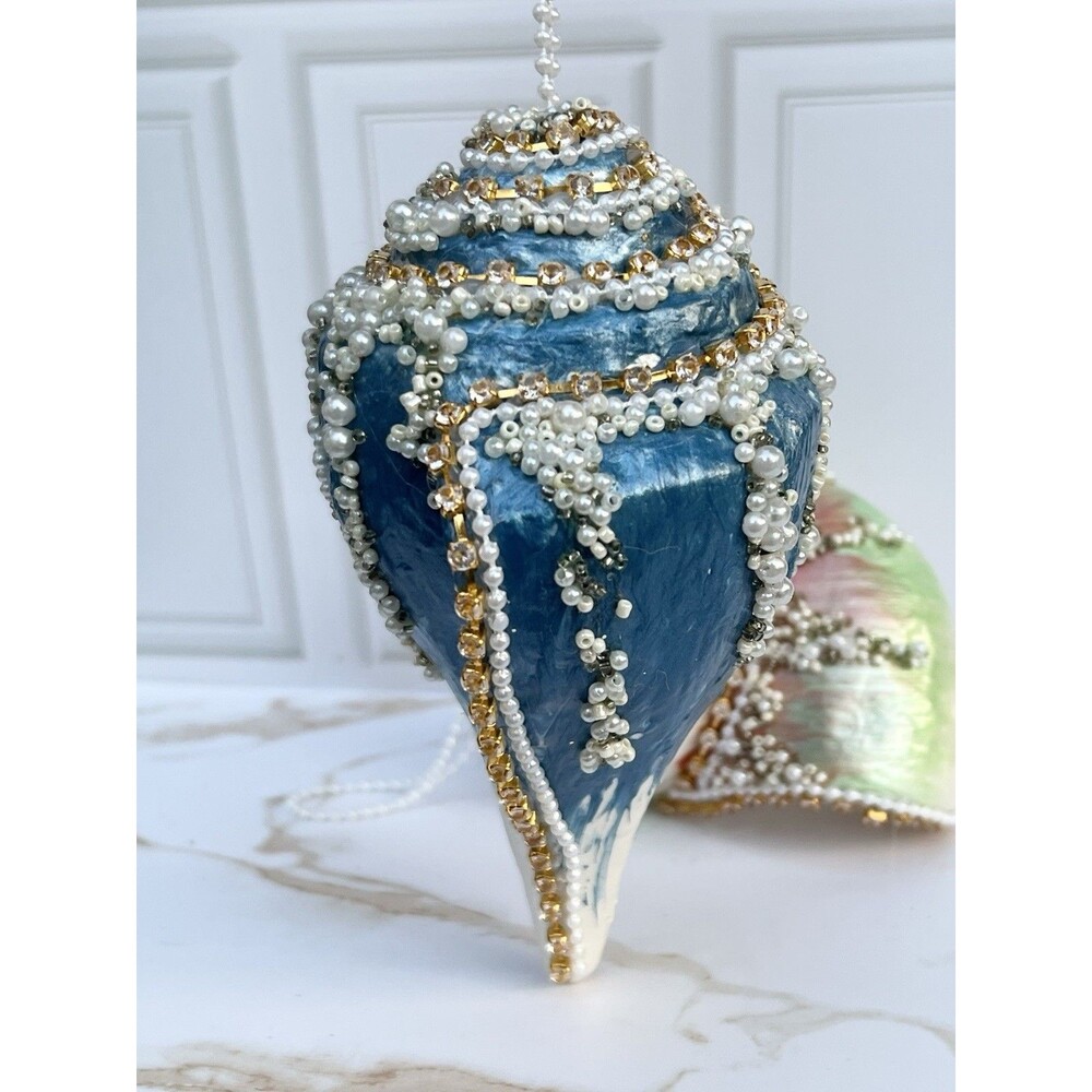 Large Jeweled Seashell Christmas Ornaments Pearl Beaded Rhinestone Coastal Pair - Picture 9 of 16